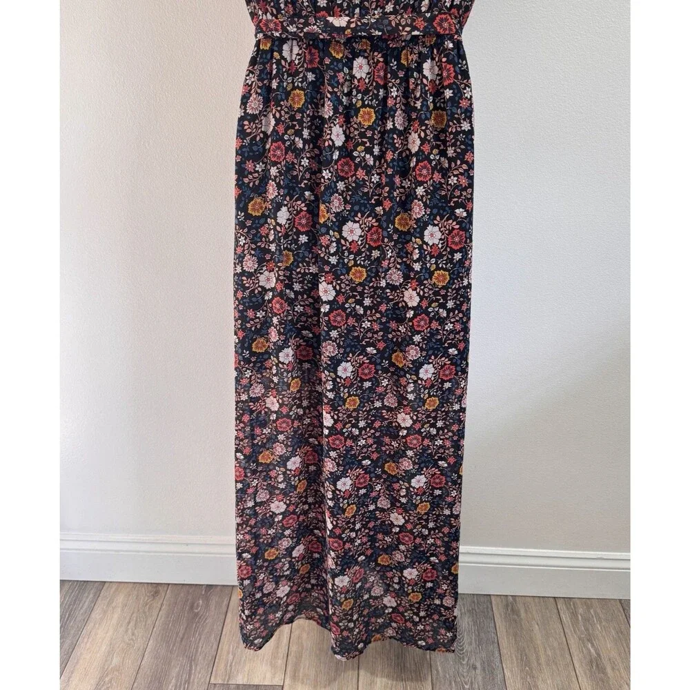 Xhilaration Shirt Dress L Maxi Faux Wrap Bohemian Floral Chiffon Short Sleeve
